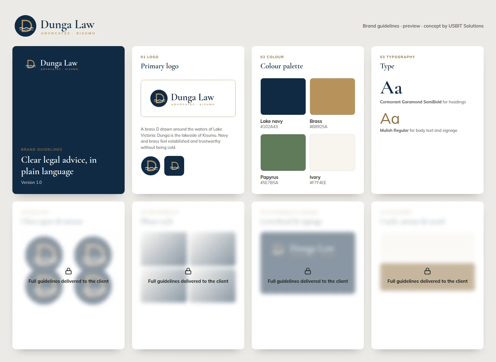 Brand guidelines preview for Dunga Law: cover, logo, colour and typography pages