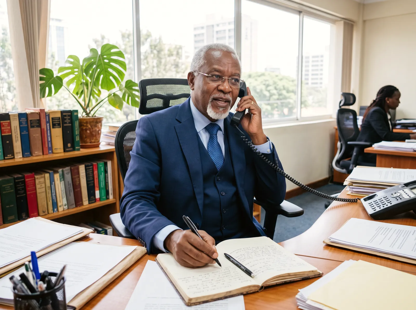 Senior partner taking a call at his desk