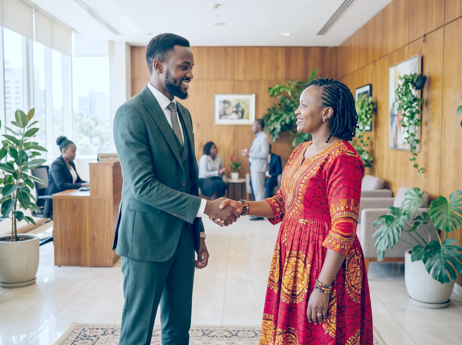 Associate advocate welcoming a client at reception