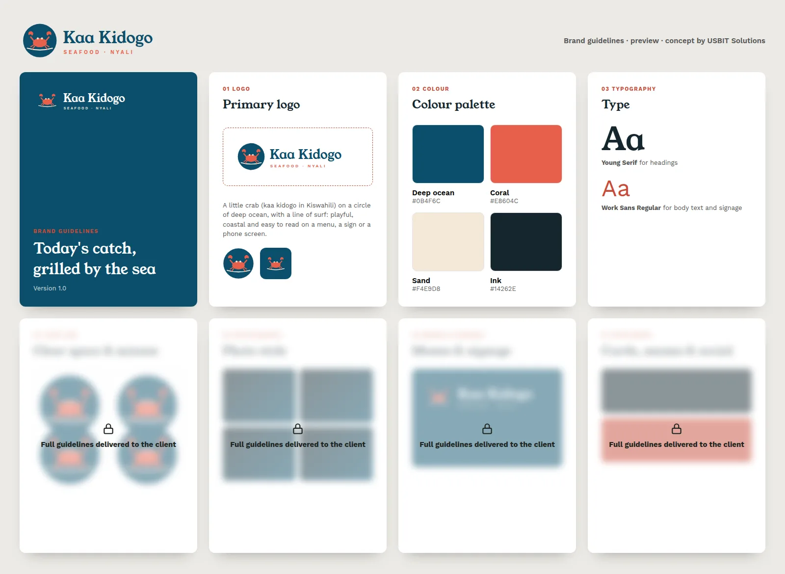 Brand guidelines preview for Kaa Kidogo: cover, logo, colour and typography pages
