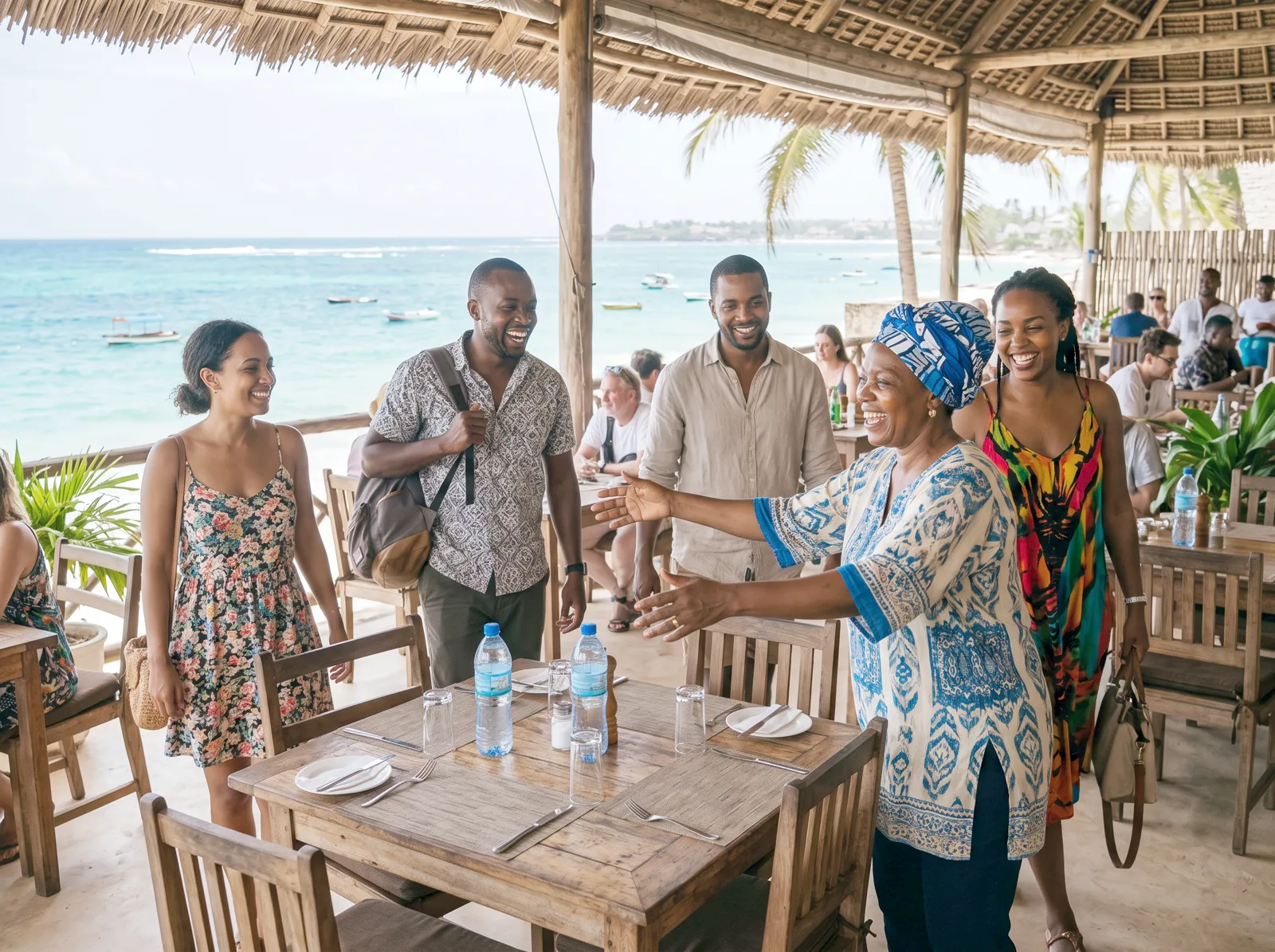 Owner welcoming a group of friends to their table