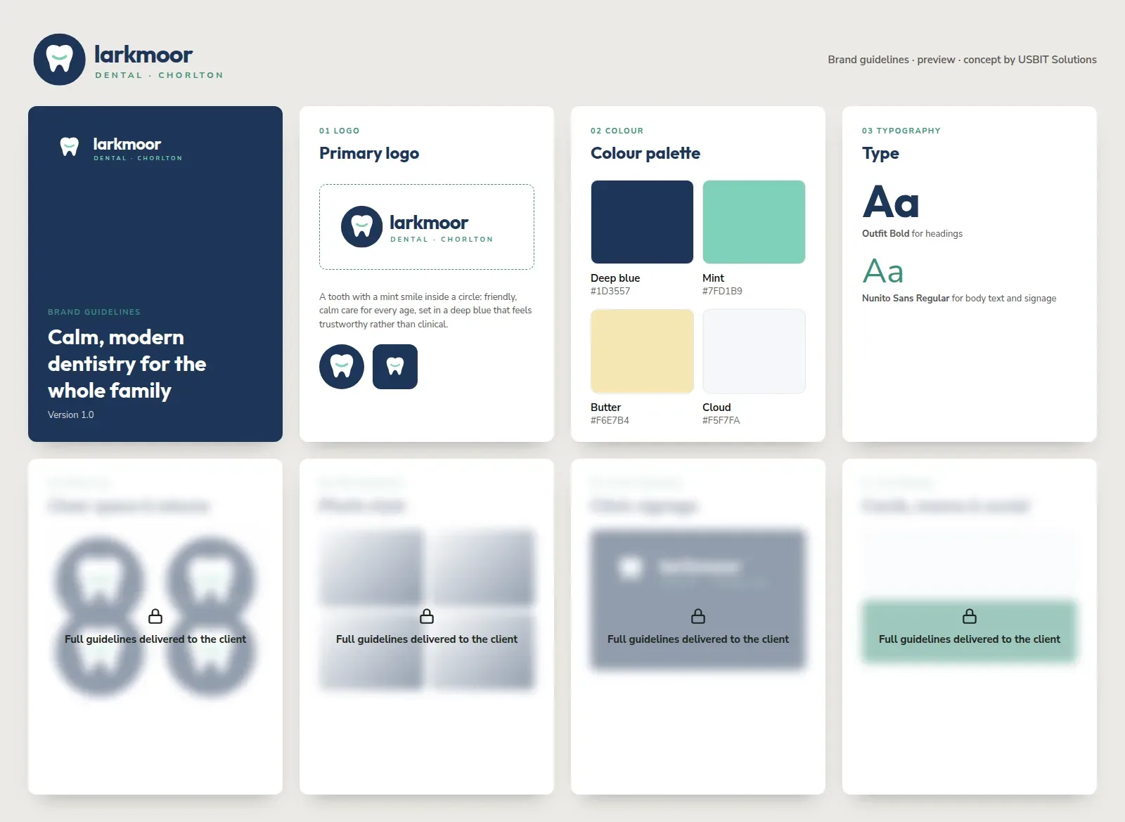 Brand guidelines preview for Larkmoor Dental: cover, logo, colour and typography pages