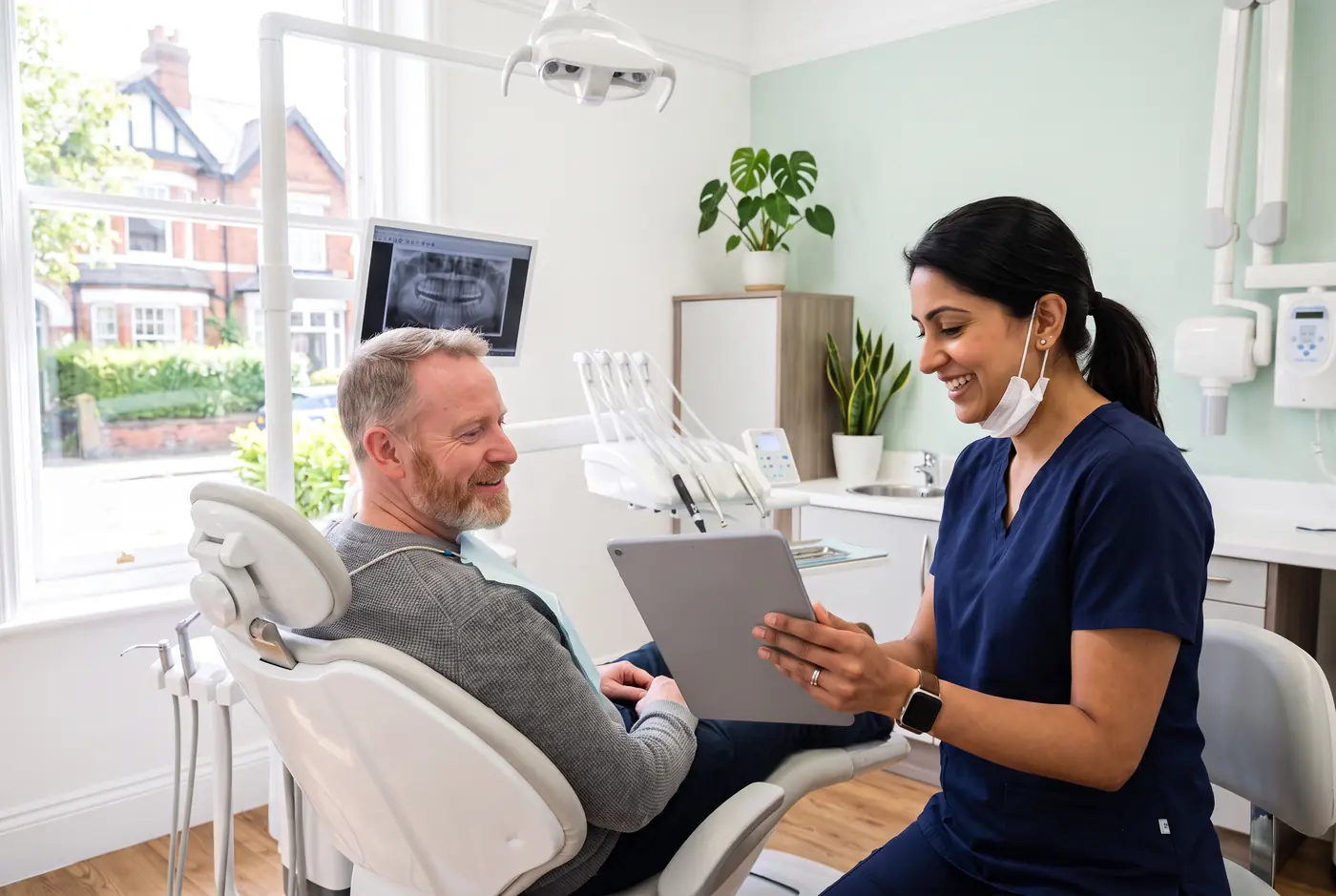 Dentist showing a smiling patient his treatment plan on a tablet