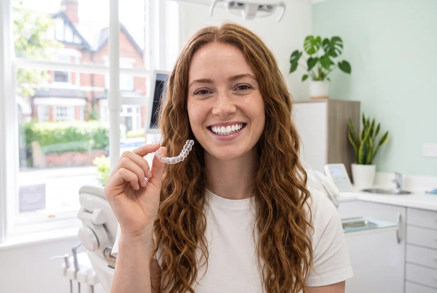 Smiling young woman holding a clear aligner tray
