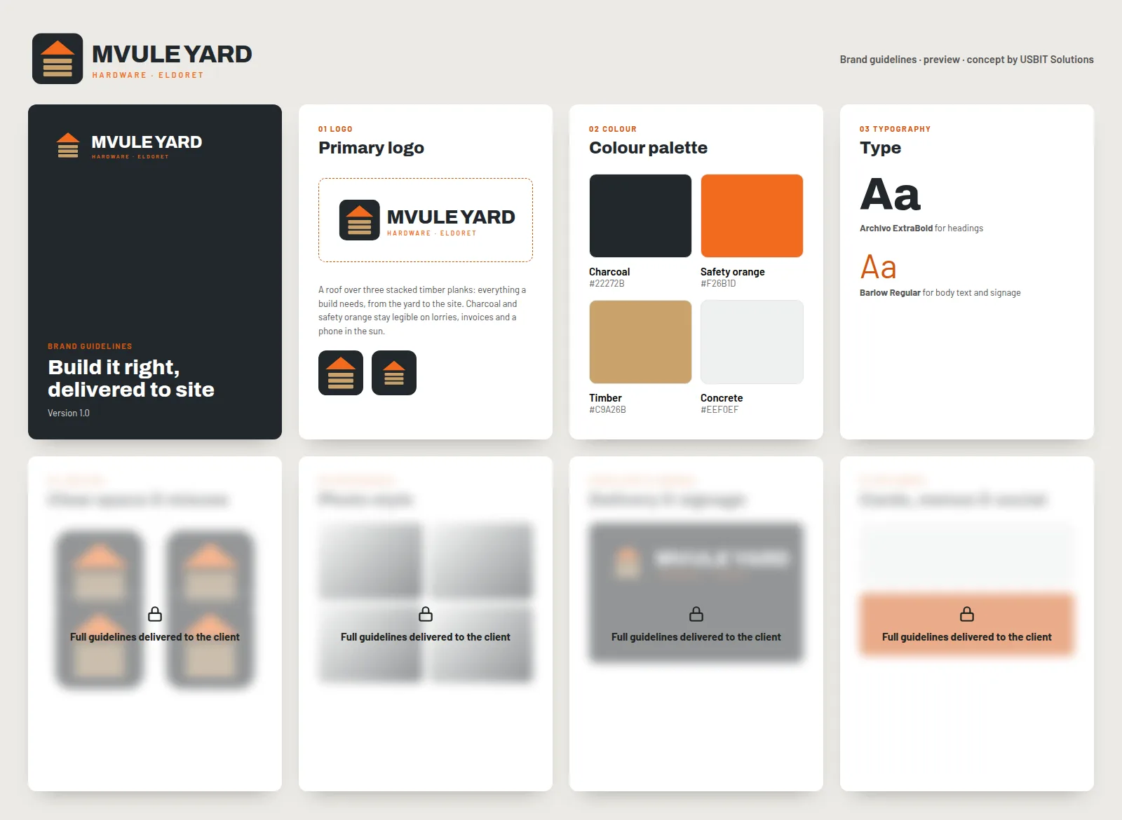 Brand guidelines preview for Mvule Yard: cover, logo, colour and typography pages