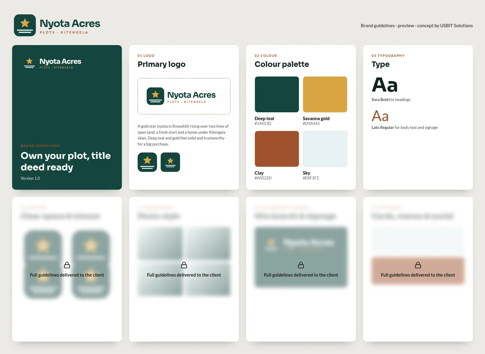 Brand guidelines preview for Nyota Acres: cover, logo, colour and typography pages
