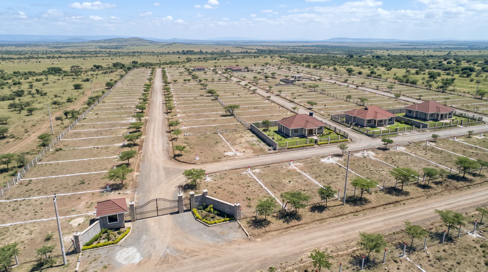 Aerial view of a gated estate with marked plots, new roads and finished bungalows