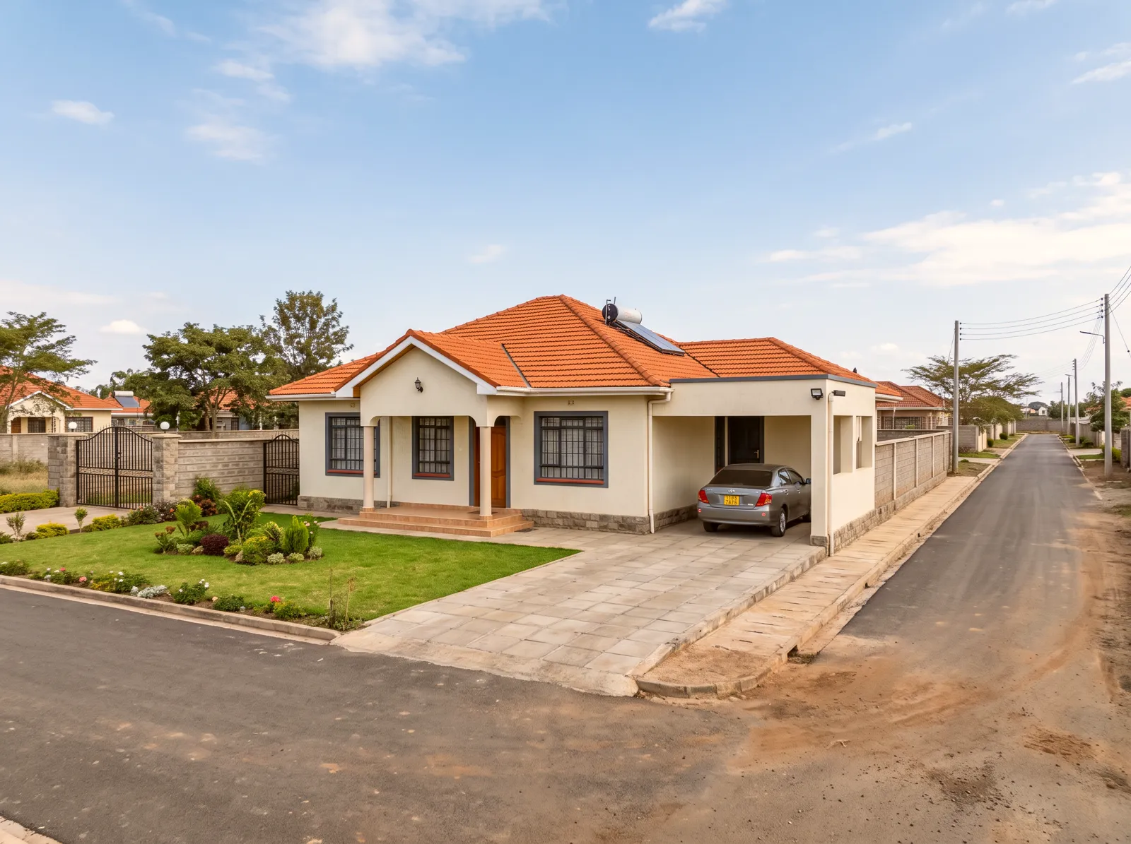 Finished three-bedroom bungalow with a red tile roof and lawn