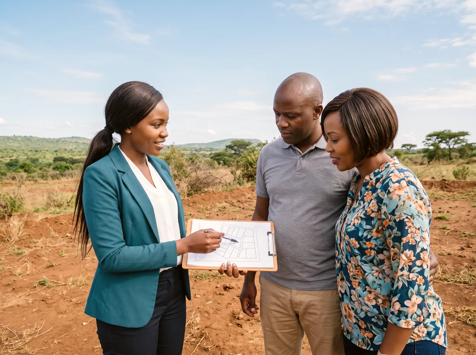 Sales agent showing a site map to a couple on an empty plot