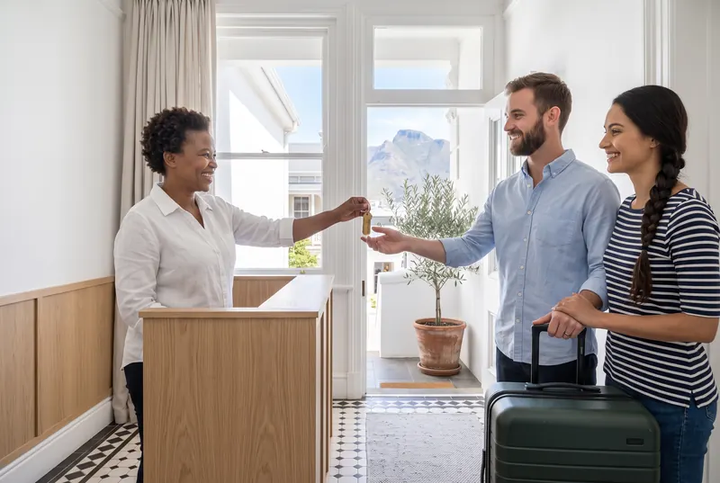 Host handing a room key to a couple in the tiled entrance hall