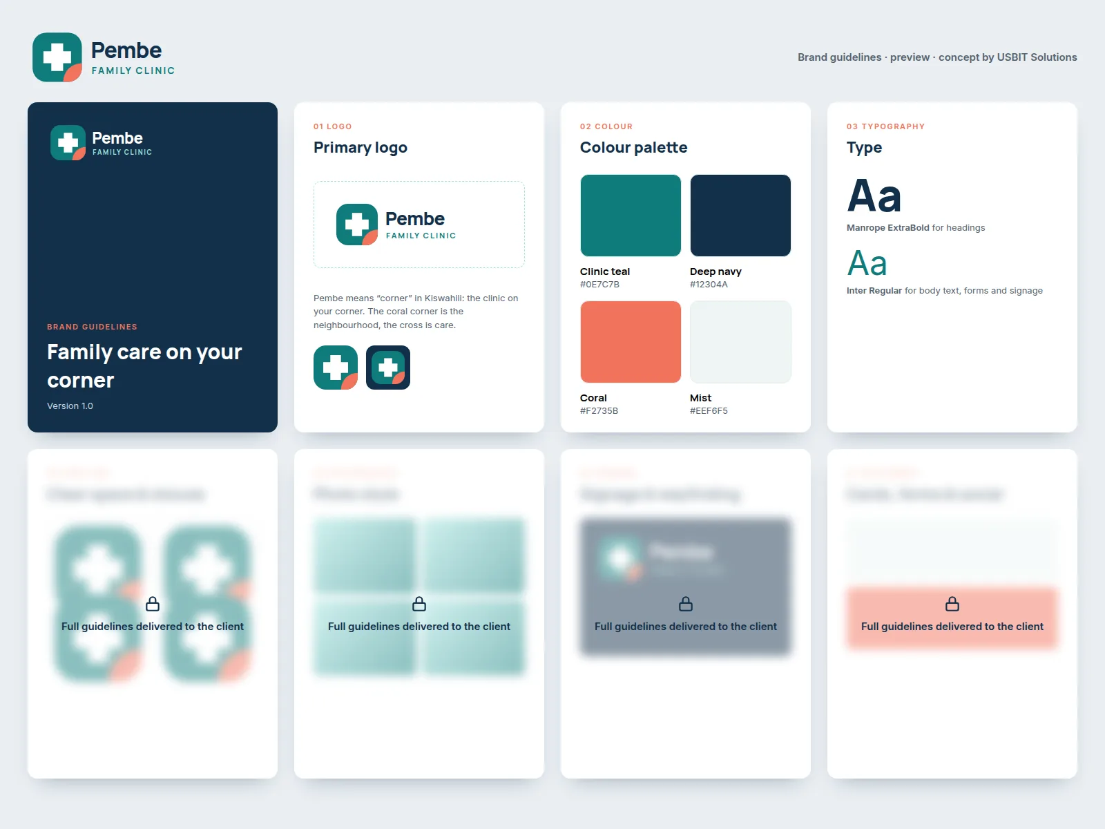 Brand guidelines preview for Pembe Family Clinic: cover, logo, colour and typography pages