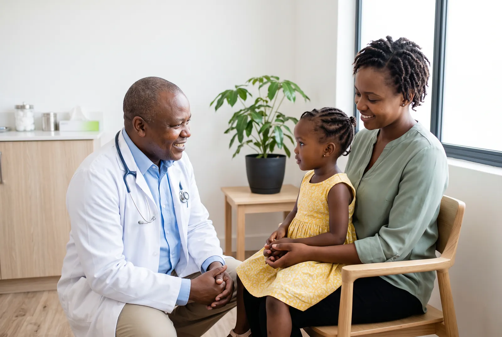 Doctor smiling at a little girl sitting on her mother's lap in a bright clinic room