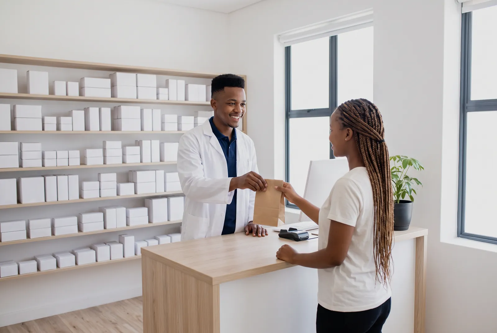 Pharmacist handing a bag of medicine to a young woman at the counter