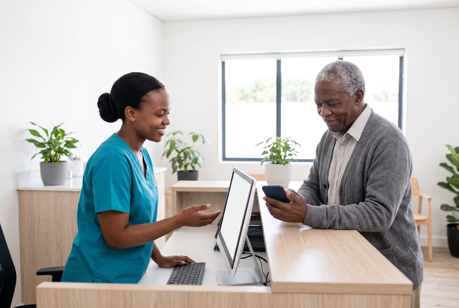 Nurse at the clinic reception helping an older patient