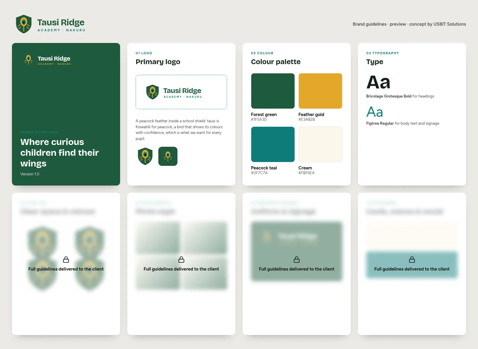 Brand guidelines preview for Tausi Ridge Academy: cover, logo, colour and typography pages