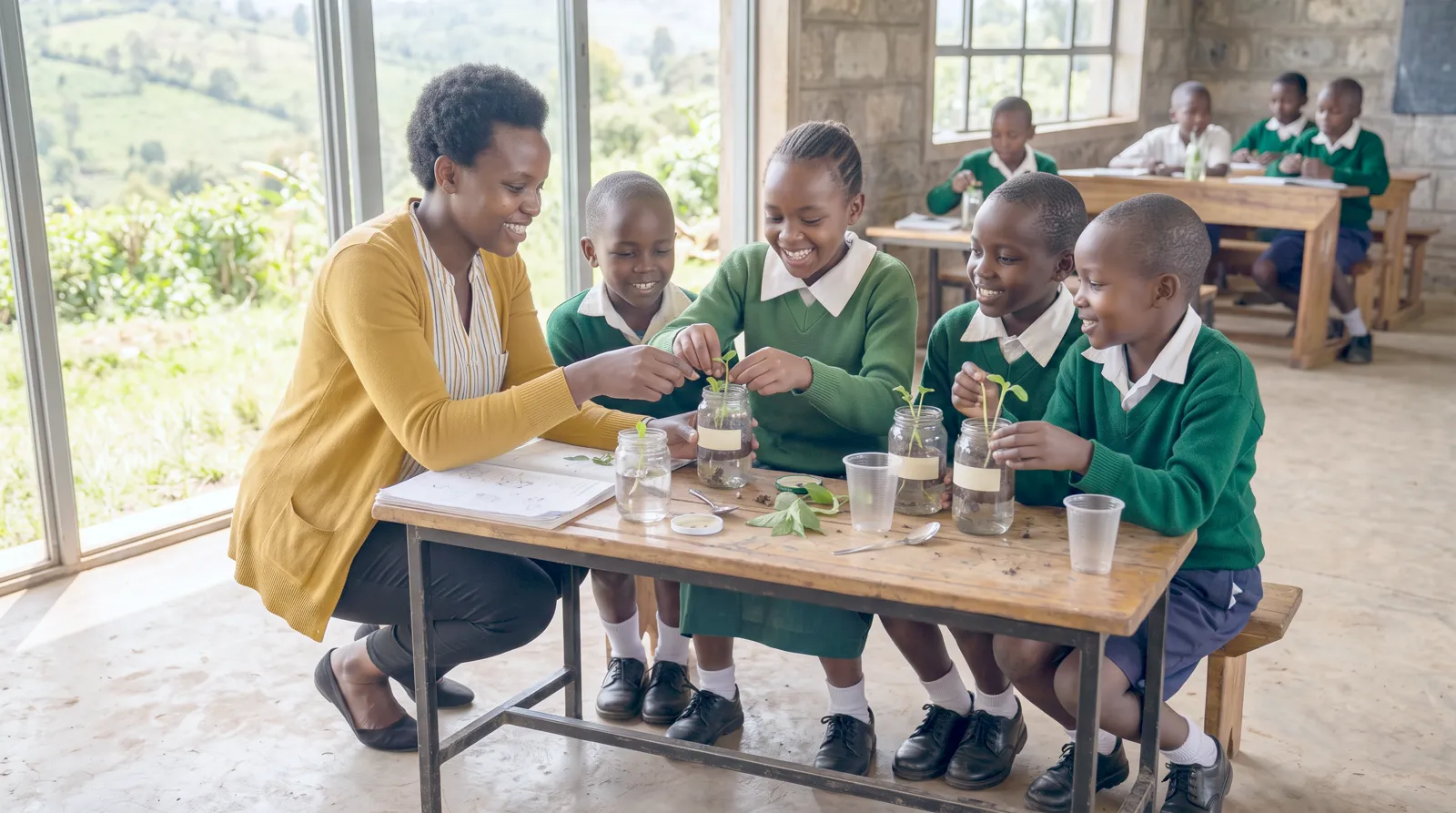 Teacher and pupils growing seedlings in jars