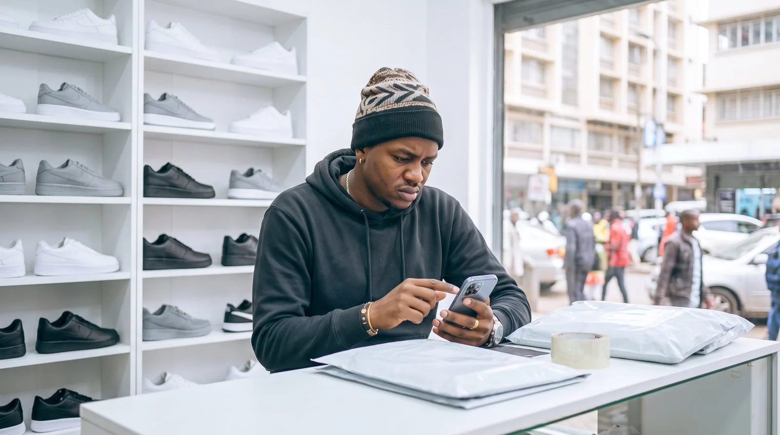 Nairobi sneaker shop owner checking his phone to see whether an M-Pesa payment arrived