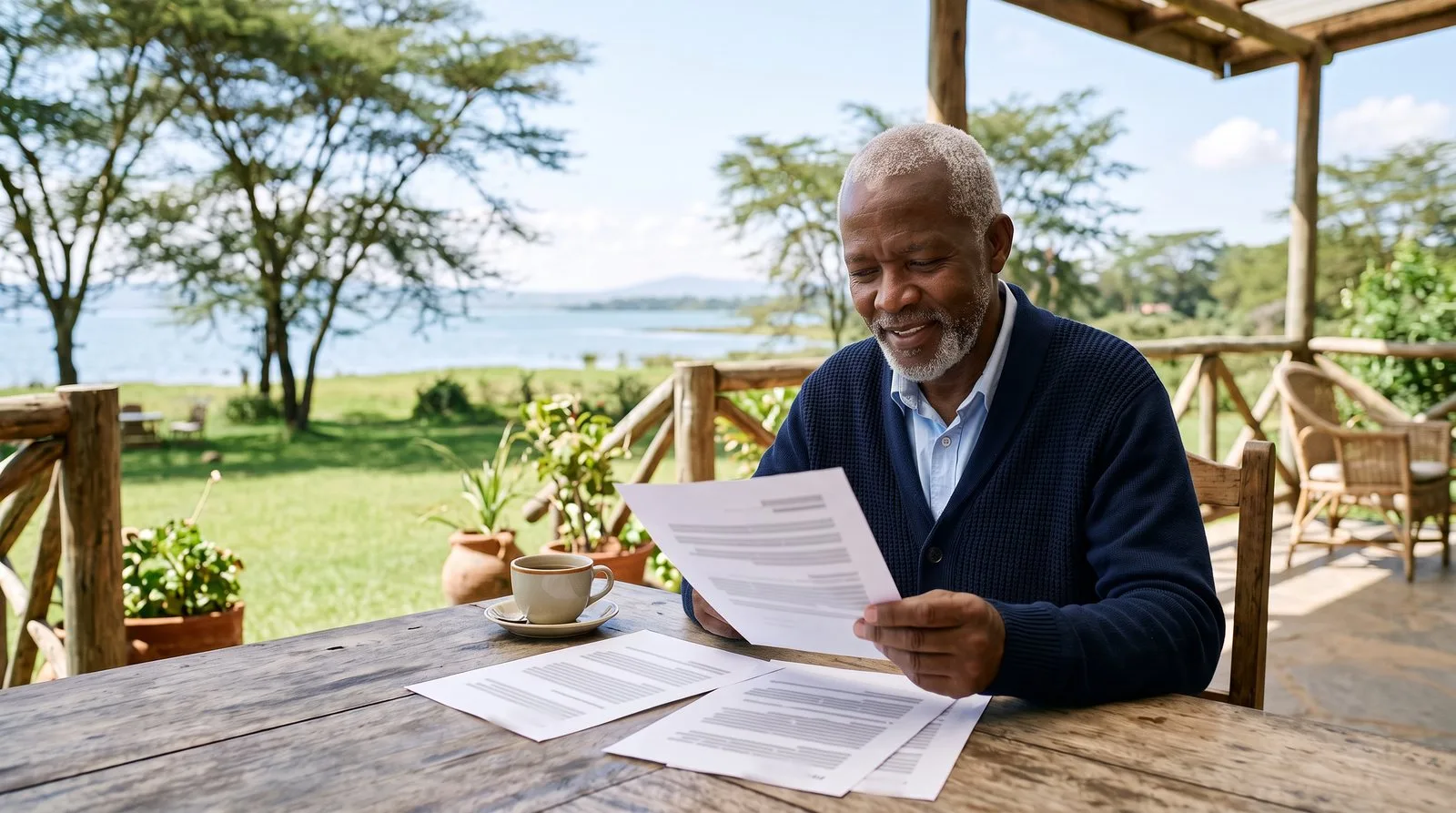Guesthouse owner in Naivasha comparing three SEO proposals on his veranda by the lake