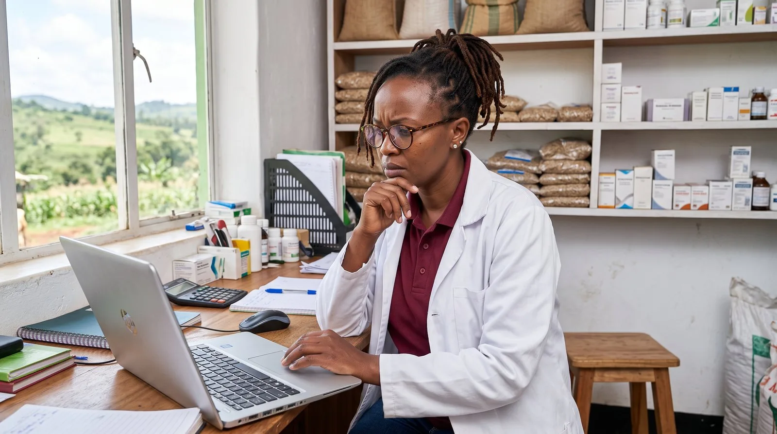 Veterinarian at her clinic and agrovet in Meru looking at her digital marketing report on a laptop