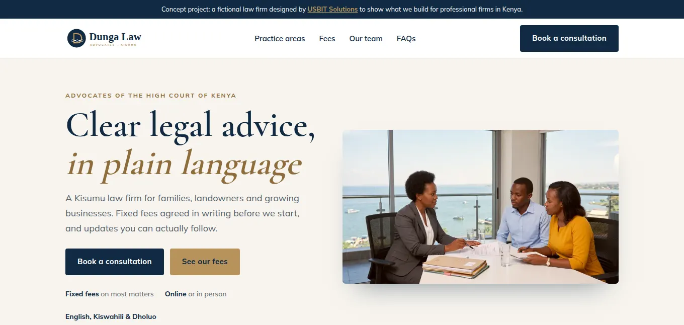 Dunga Law website designed by USBIT Solutions