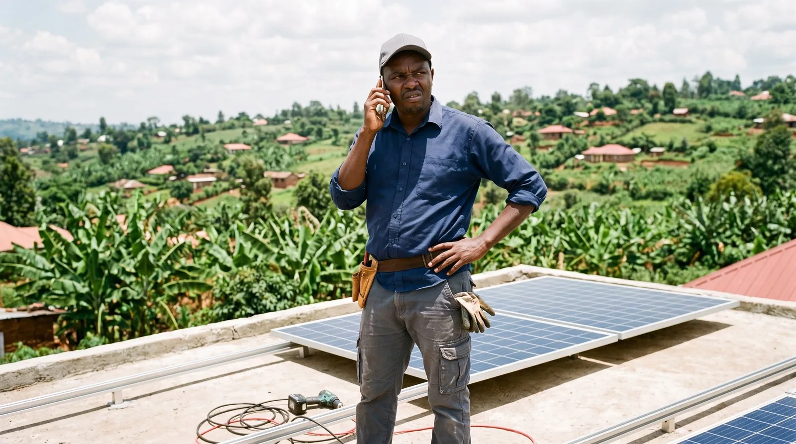 Solar installer on a roof in Kiambu taking a phone call with a frustrated look, beside half-installed solar panels