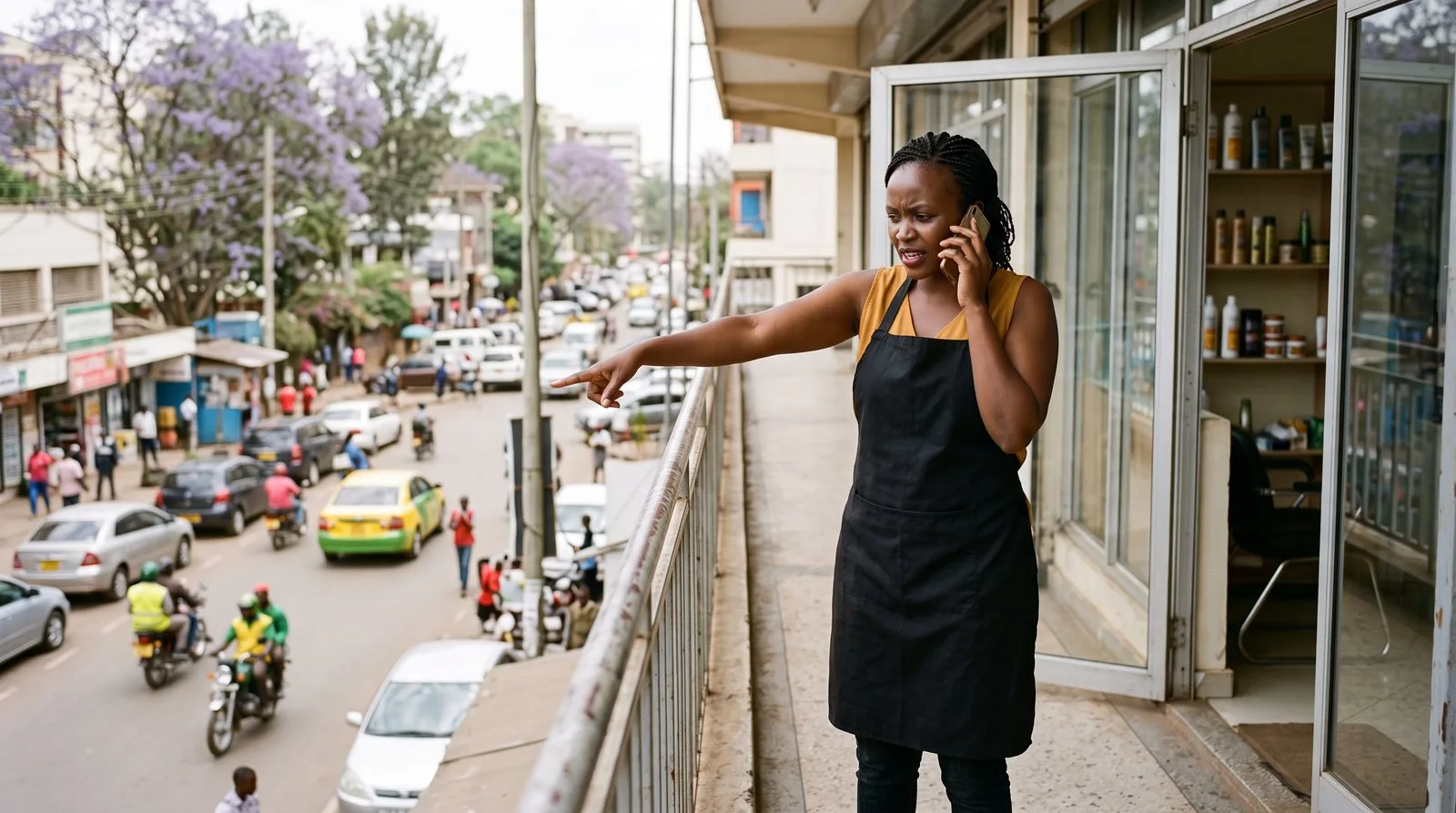 Nairobi salon owner on the phone, pointing down the street to guide a customer who was sent to the wrong place by Google Maps