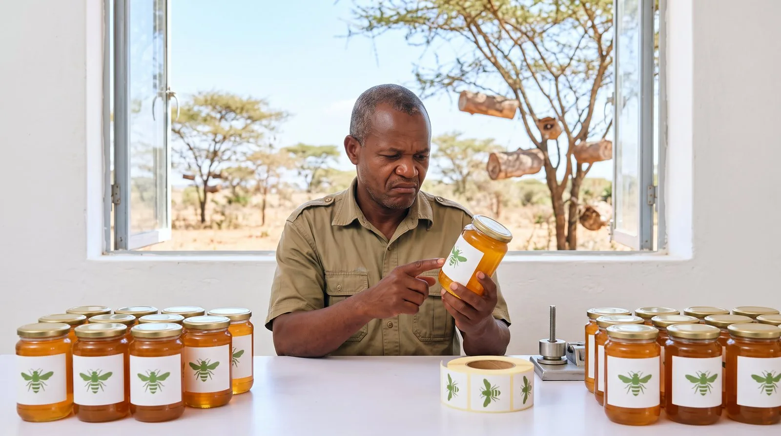 Honey producer in Kitui frowning at the homemade clip-art bee label on a jar of honey in his bright packing room, with log beehives in acacia trees outside the window