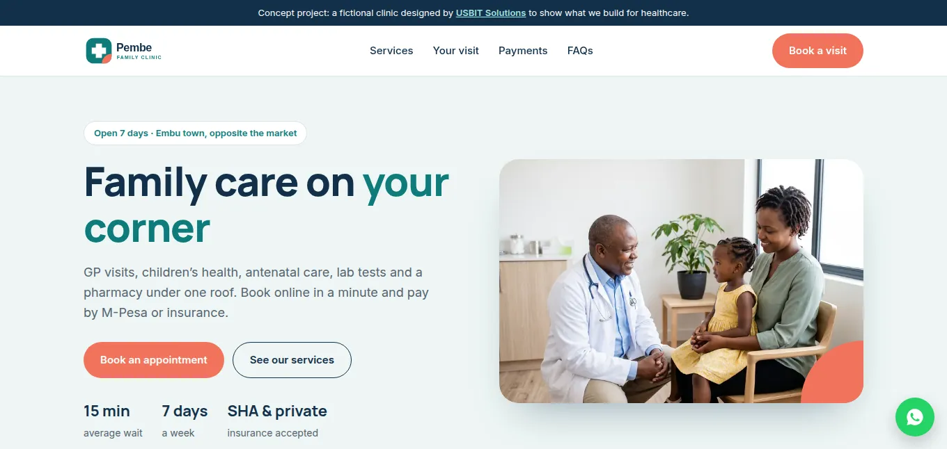 Pembe Family Clinic website designed by USBIT Solutions