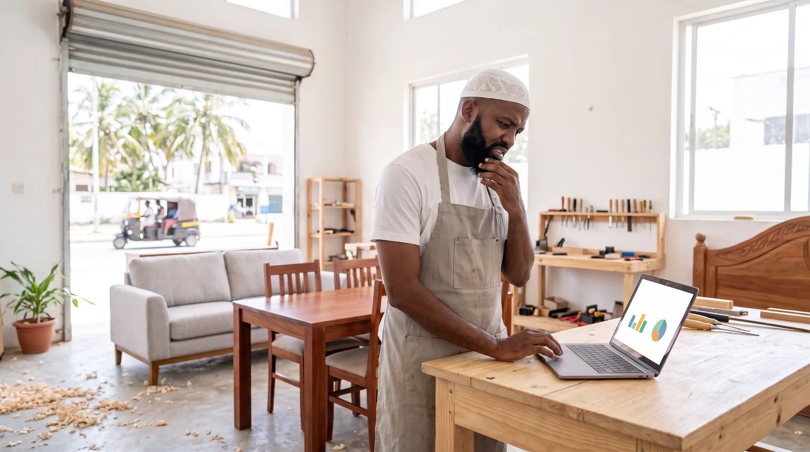 Furniture maker in his bright Mombasa workshop looking puzzled at an SEO report on his laptop, with sofas and a dining set behind him