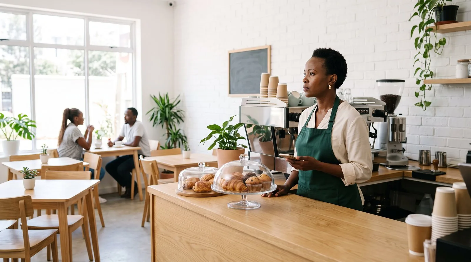 Café owner in Westlands, Nairobi, standing behind the counter of her bright café with her phone, looking worriedly at empty tables on a Saturday morning