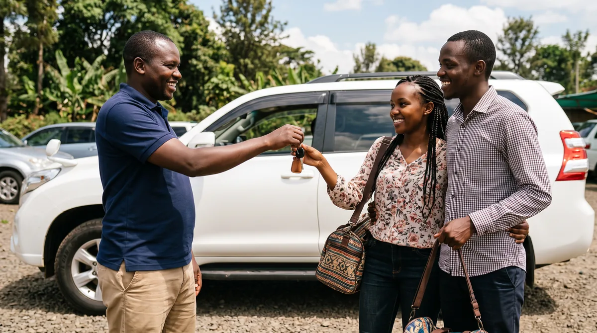 Car hire owner in Nakuru smiling as he hands the keys of a white SUV to a young couple who booked through his website