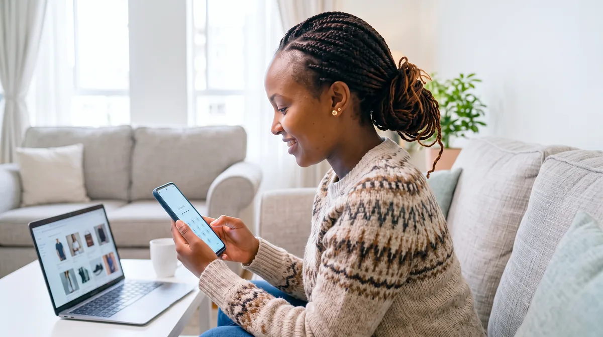 Kenyan customer at home entering her M-Pesa PIN on a payment prompt on her phone after ordering from an online shop on her laptop