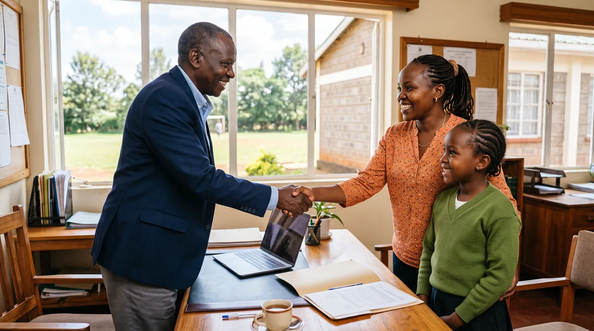 Private school director in Eldoret shaking hands with a smiling mother and her young daughter in the admissions office