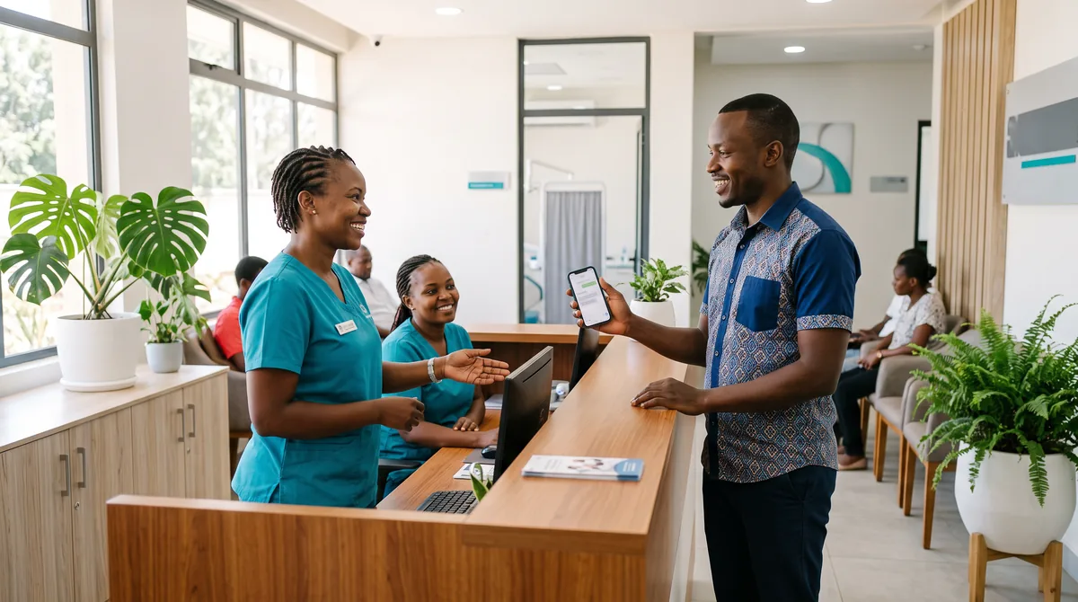 Dentist in Kisumu smiling as she welcomes a new patient at reception who shows his booking on his phone