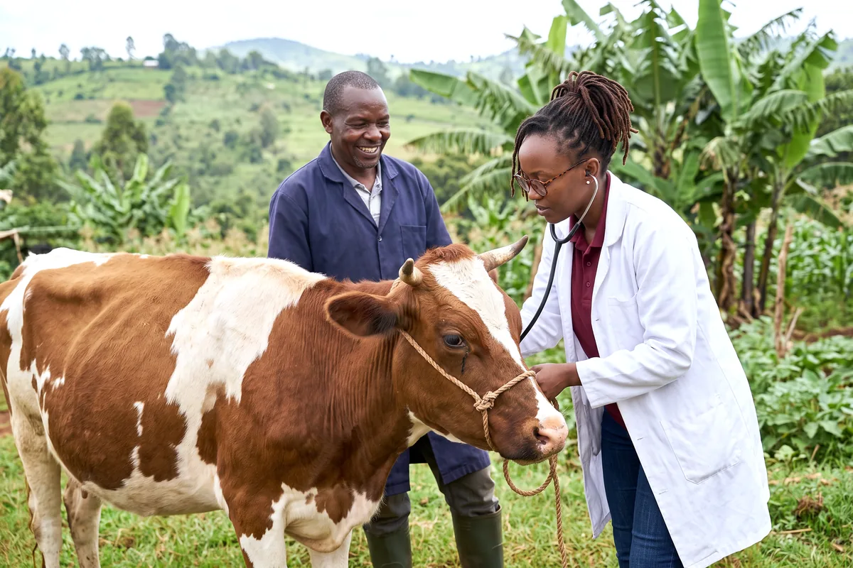 Veterinarian in Meru examining a cow with a farmer during a farm visit