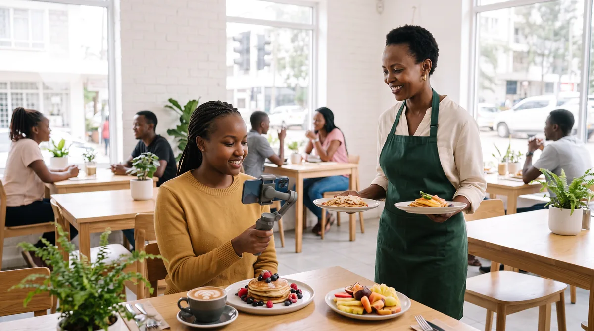 Content creator filming a plated brunch with a phone on a gimbal in a bright Nairobi café while the smiling owner carries plates to customers