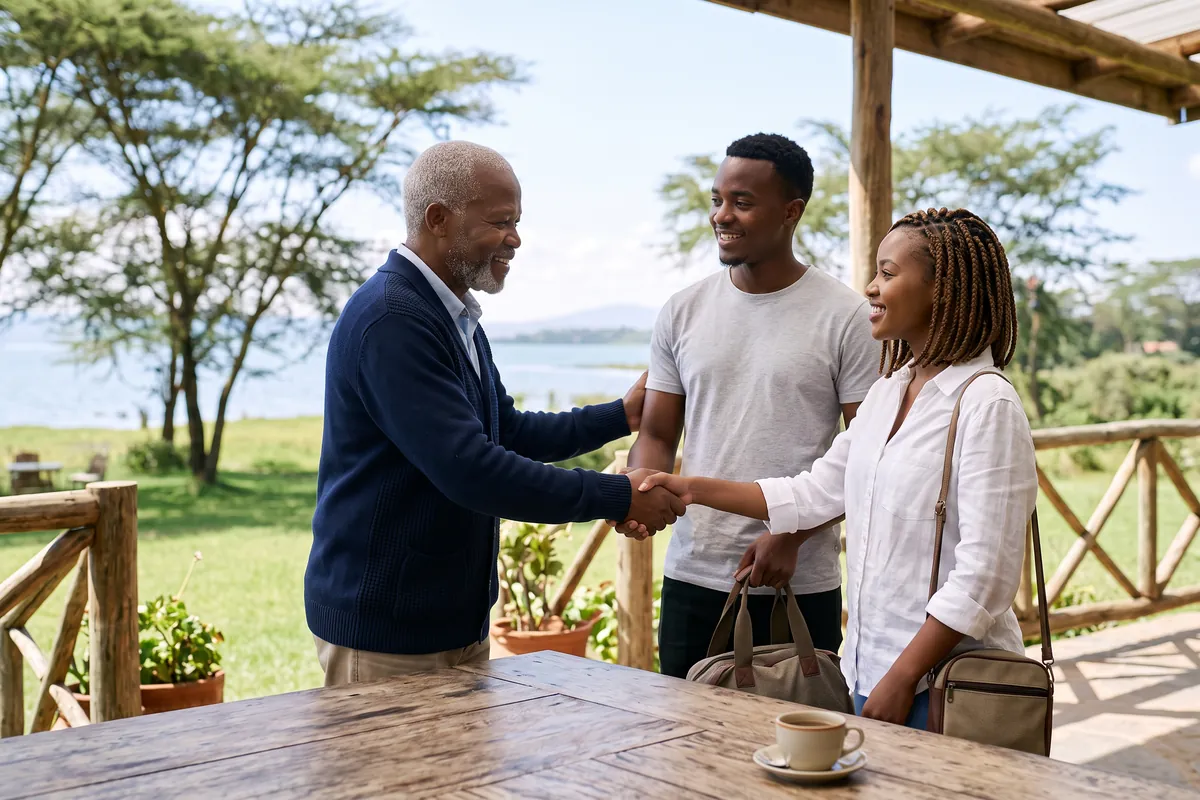 Guesthouse owner in Naivasha welcoming a young couple who found his guesthouse on Google