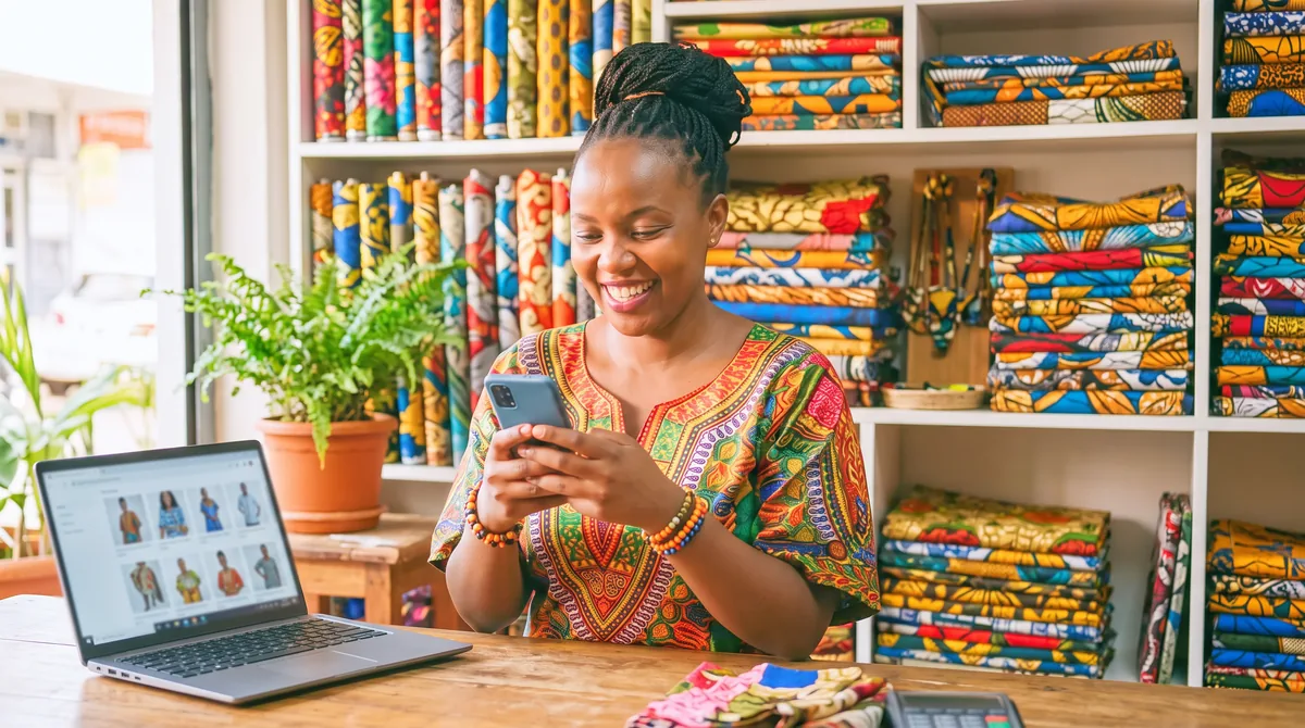 Kenyan shop owner checking customer orders on her phone in her fabric shop