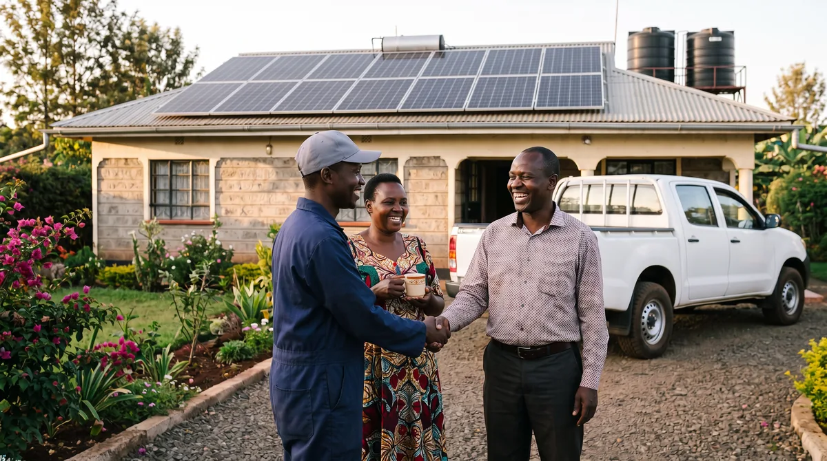 Solar installer shaking hands with a happy homeowner couple in front of their house in Kiambu after installing solar panels on the roof