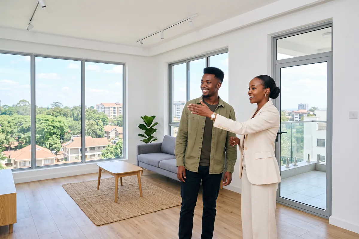 Estate agent showing a young man a bright new apartment in Kilimani, Nairobi