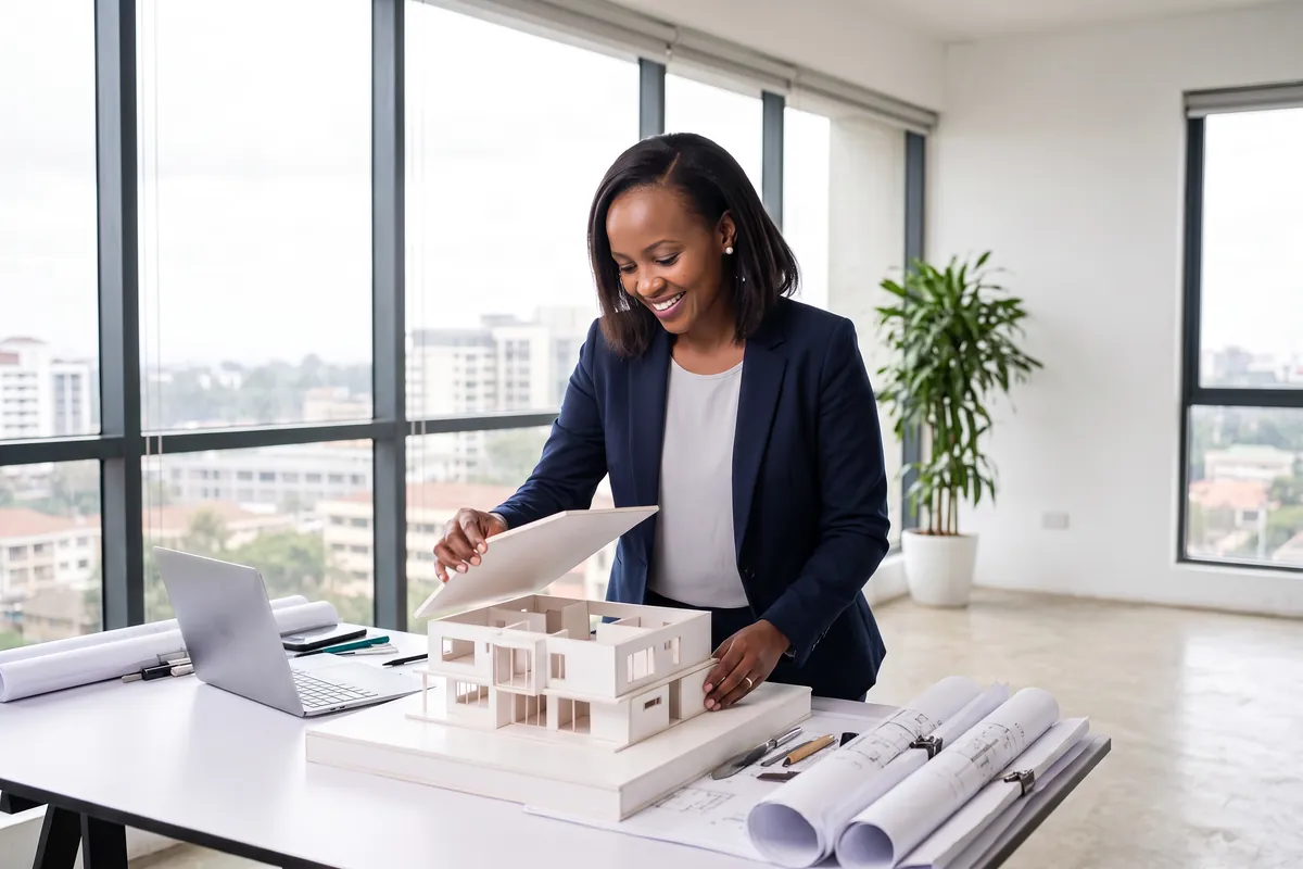 Architect in Westlands, Nairobi, looking inside a scale model of a house in her studio