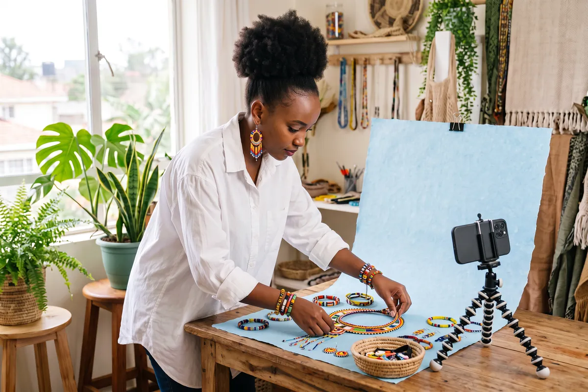 Jewellery maker in Nairobi setting up beaded jewellery for a social media photo shoot
