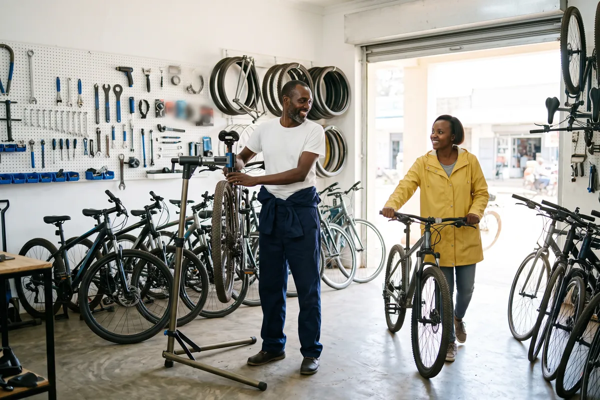 Bicycle shop owner in Kisumu greeting a customer who has just wheeled her bike in