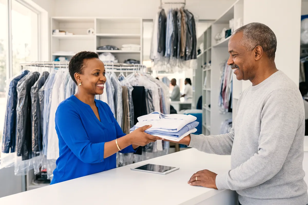 Dry-cleaning shop owner in Nairobi handing a returning customer his cleaned shirts