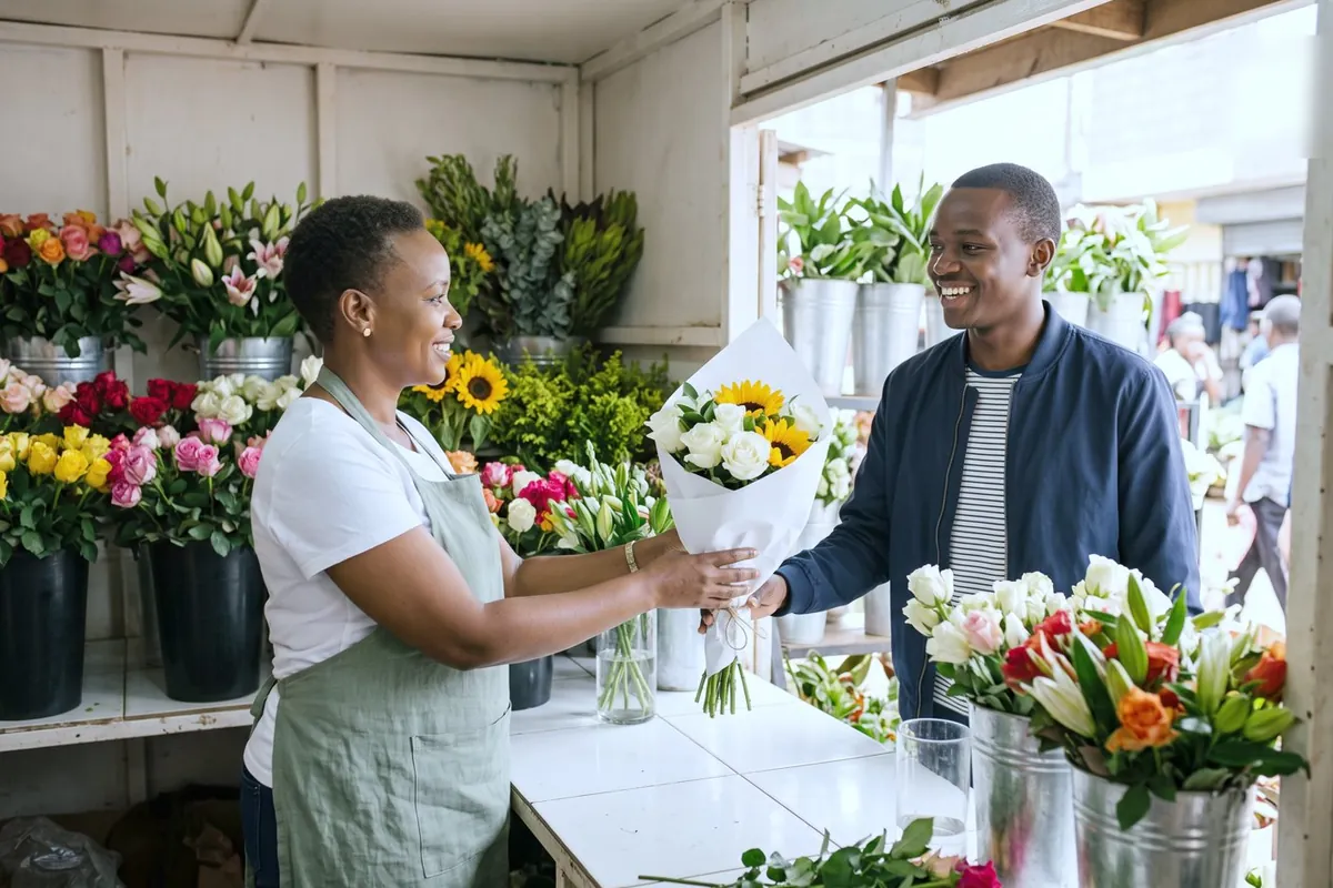 Florist in Nairobi handing a bouquet of roses and sunflowers to a walk-in customer