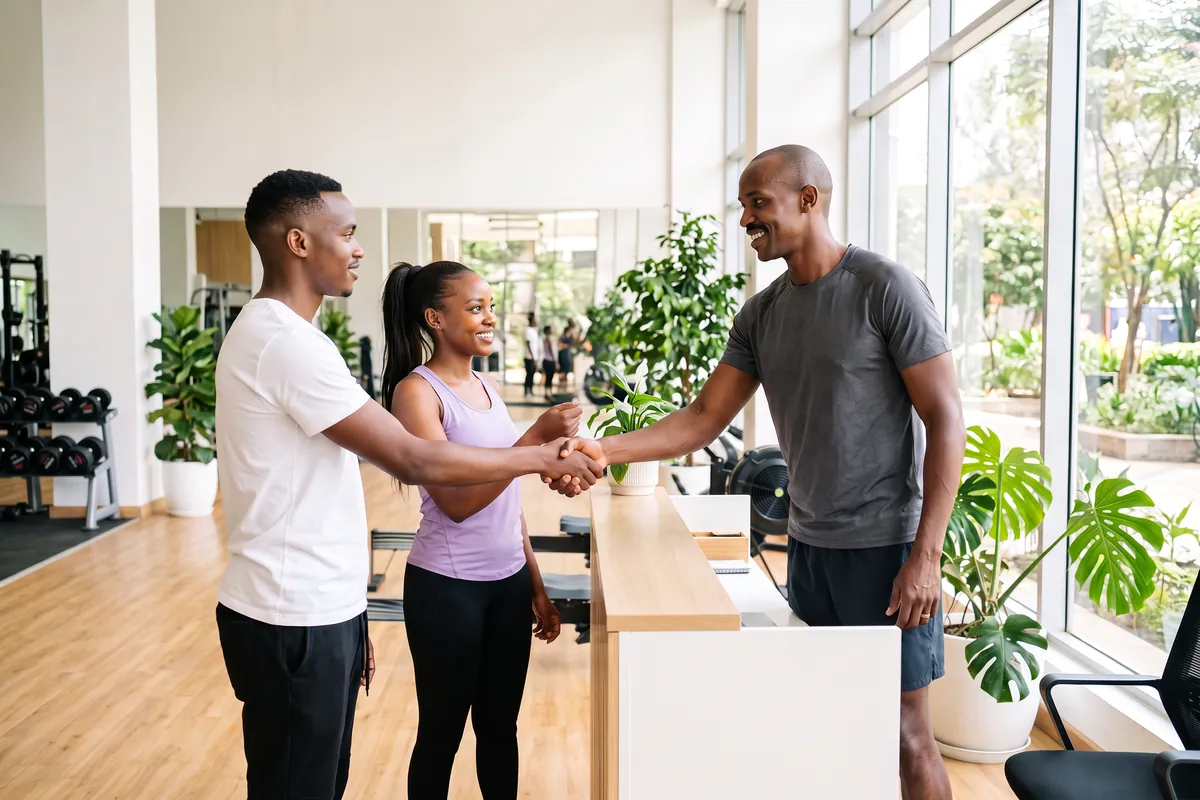 Gym owner in Nairobi welcoming two new members at the front desk