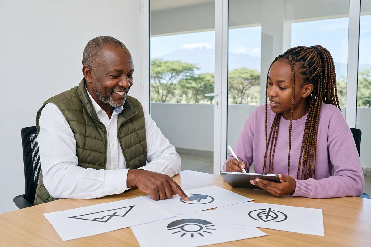 Business owner in Nanyuki choosing between printed logo concepts with a designer