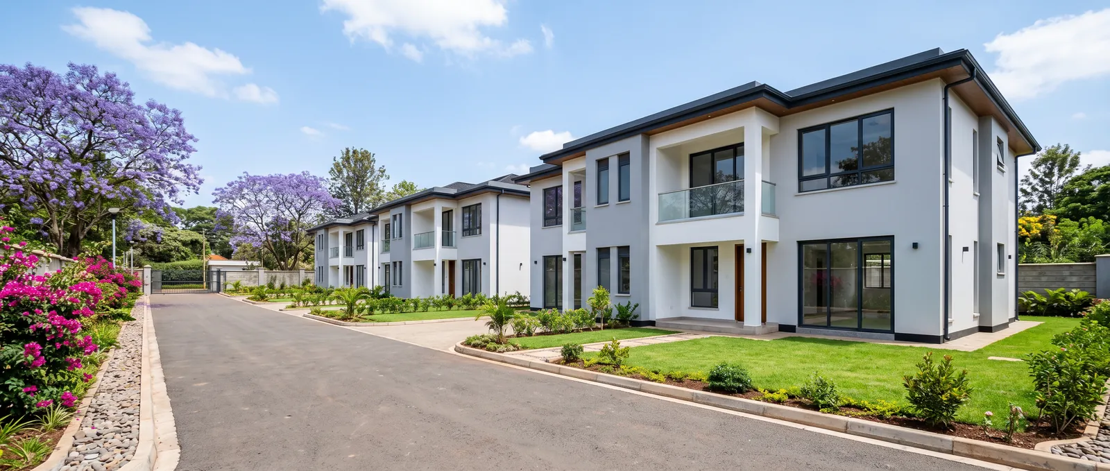 Row of new townhouses with jacaranda trees in a gated community near Nairobi
