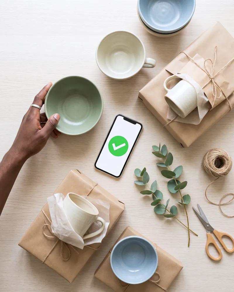 Handmade ceramics, wrapped orders and a phone showing a paid order, ready to ship from an online shop