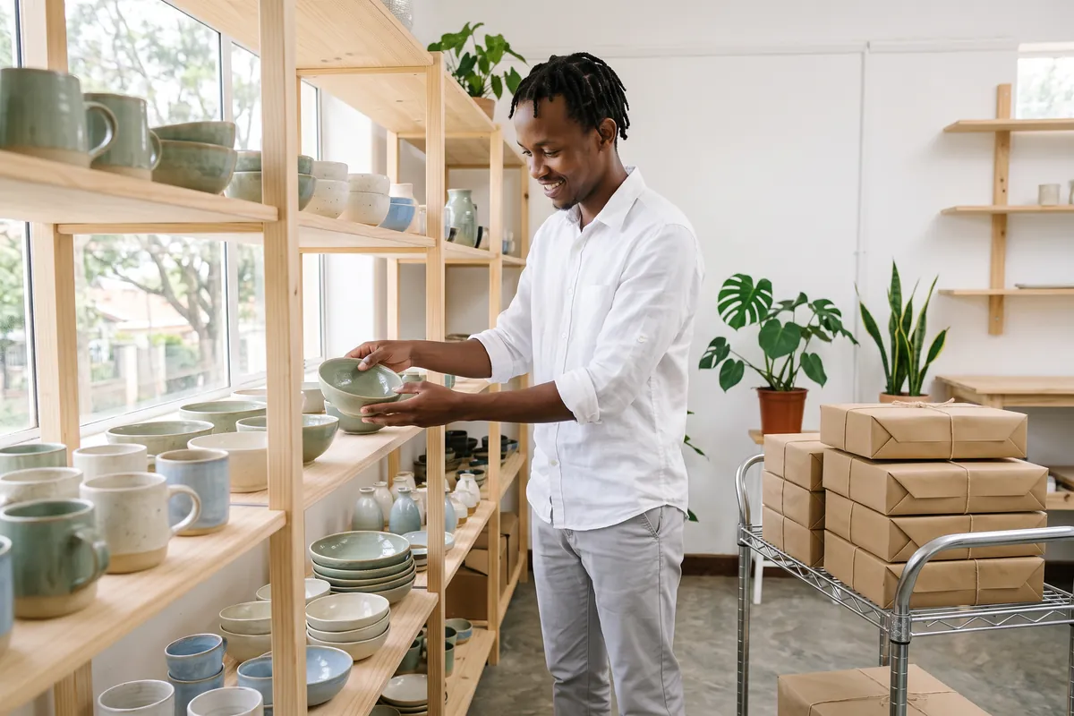 Owner of a small online homeware shop in Ruiru arranging handmade ceramic bowls, with wrapped orders ready for delivery